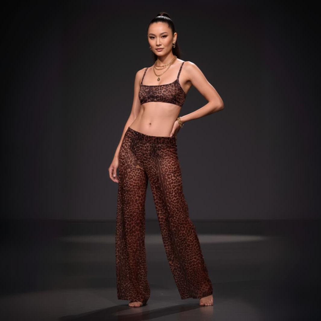 Model wearing a leopard print outfit on a dark background