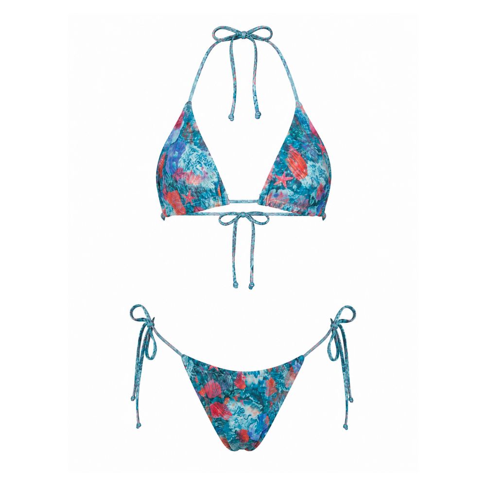 Reef print triangle bikini top and matching bottoms, two piece swimsuit set
